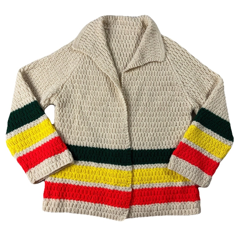 VTG Hand Knit Chunky Open Striped Cardigan Sweater Car Coat Women L Boho Rainbow